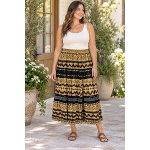 Pine Cove Geometric Tribal Print Tiered Midi Skirt XL Tan Black Made in USA